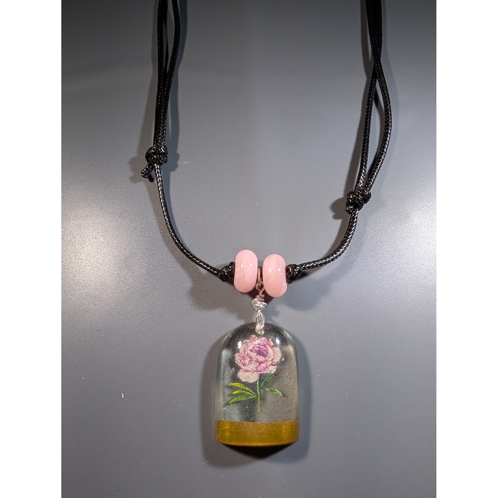 Peony Resin Flower Pendant Necklace Adjustable Black Cord Pink Floral Jewelry